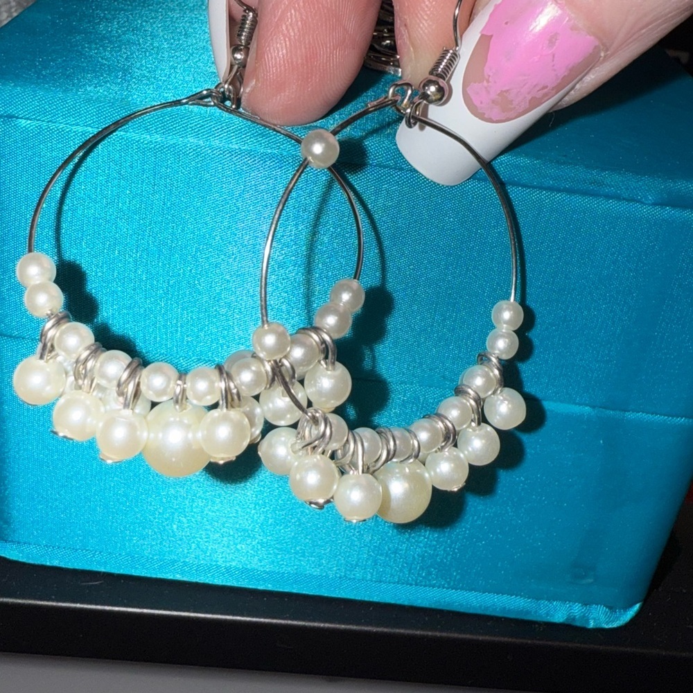 Classic Faux Pearl Beaded Silver Hoop Earrings